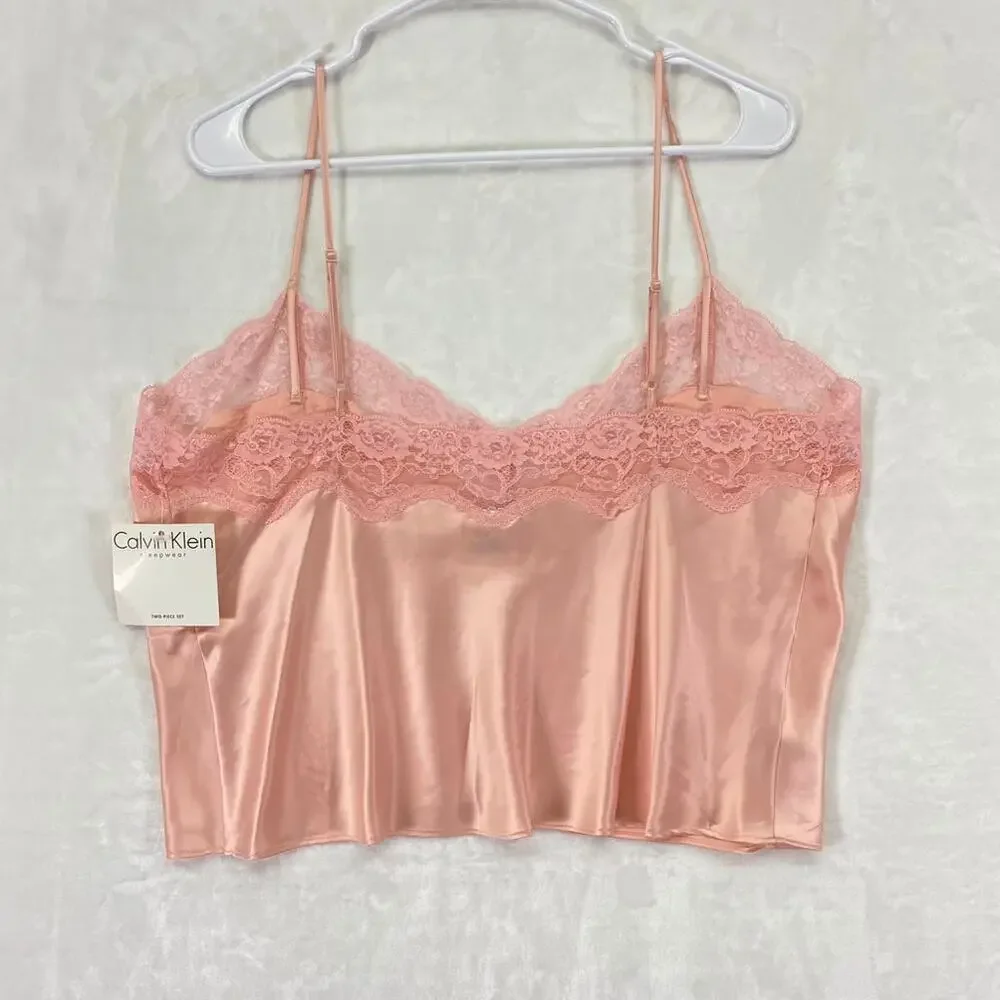 Calvin Klein Women's Teddy Satin Lace-Trim Cami Crop Intimate Top Sz L - Picture 2 of 6